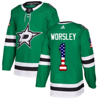 Men's Gump Worsley Dallas Stars Adidas USA Flag Fashion Jersey - Authentic Green