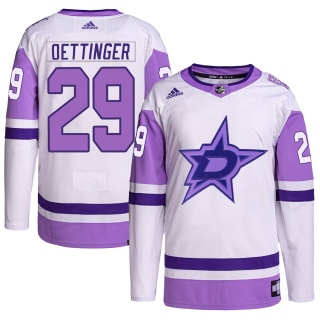 Youth Jake Oettinger Dallas Stars Adidas Hockey Fights Cancer Primegreen Jersey - Authentic White/Purple